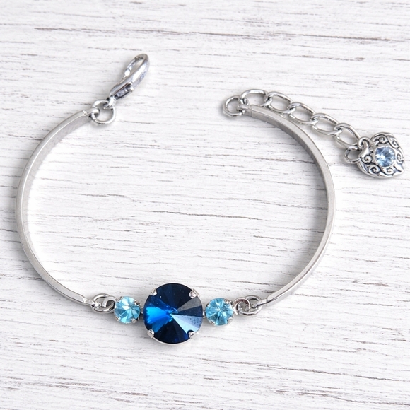 Hand Crafted Jewelry - Rhodium Bar Bracelet, Blue Crystals, Hand Crafted